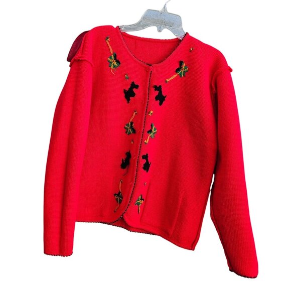 80s Scottie Dog Cardigan Red Embroidered Knit Vintage Novelty Sweater - Picture 12 of 14